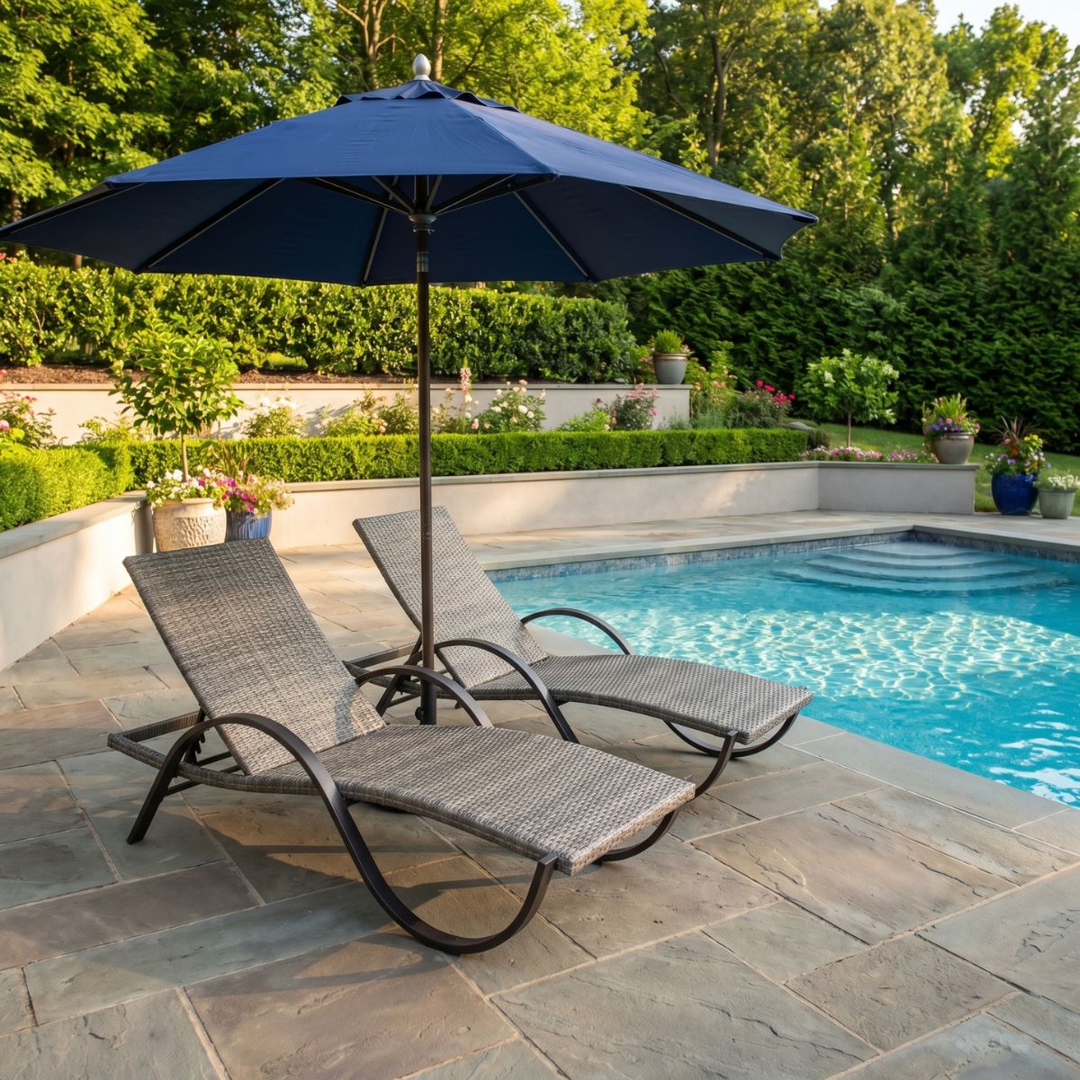 seabrook-commercial-grade-chaise-lounge-natural Two seabrook commercial grade chaise lounges by a pool with blue umbrella